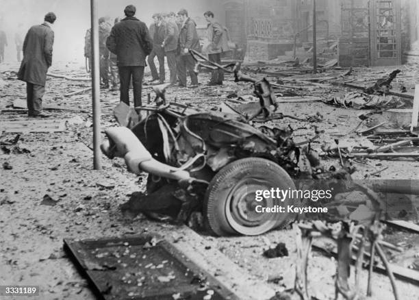 The wrecked car in which a large bomb exploded outside the General Post Office in Derry City.