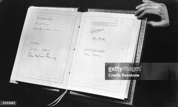 The North Atlantic Treaty, showing the signatures of the foreign secretaries and ambassadors of the original signing nations - Belgium, Britain,...