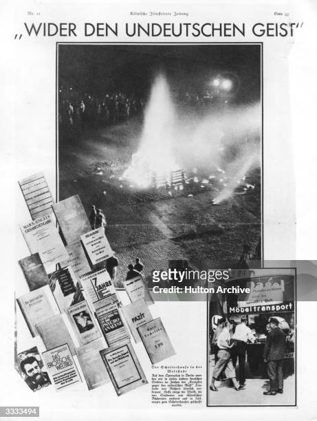 An advertisement showing the burning of communist and Jewish books, branded as offensive, in the 'struggle against anti-German feeling', at the...