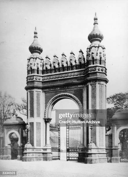 The Victoria Arch in Peel Park, Salford viewed from the Crescent. The design is strongly influenced by Mohammedan or Indian architecture.