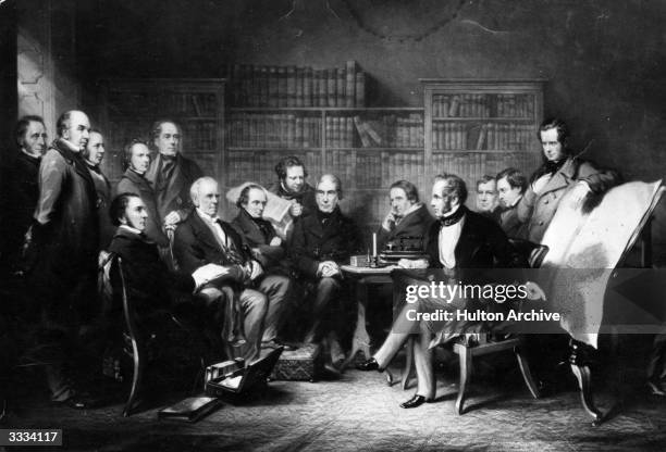 Members of the Coalition Ministry at a cabinet meeting from left to right; Sir Charles Wood; Sir James Robert Graham; Sir William Molesworth; William...