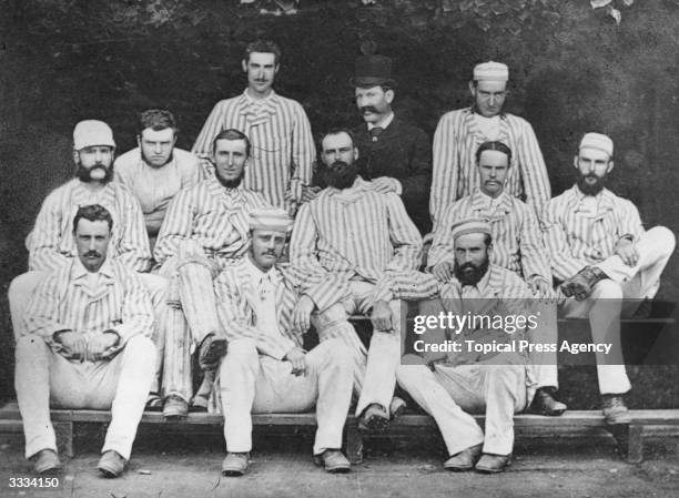 The first Australian test team which came to play cricket in England; back row: Frederick Spofforth, Conway, Allan, 2nd row: Bailey Horan, Garrett,...