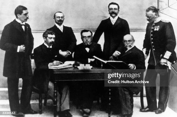 Members of the International Olympic Committee Willibald Gebhardt, IOC member for Germany, Jiri Guth-Jarkovsky, IOC member for Bohemia, Ferenc...