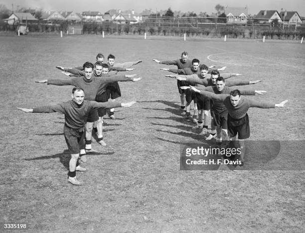 The players of Portsmouth Football Club train for their forthcoming F A Cup Semi-Final at a training ground in Bognor, Sussex,