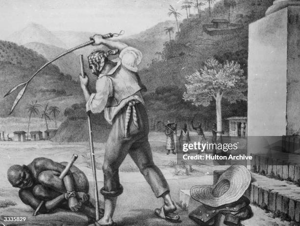 Slave master whips a slave whose hands and legs are bound.