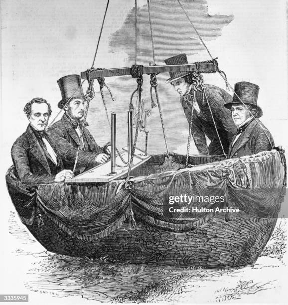 Group of men preparing to ascend to an altitude of 19,200 feet above London's Vauxhall in a hot-air balloon to take samples of the rarified air and...