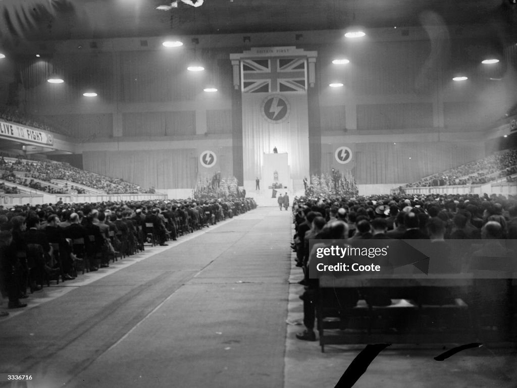 Mosley Rally British politician Oswald Mosley addressing a crowd of 'Blackshirts ...