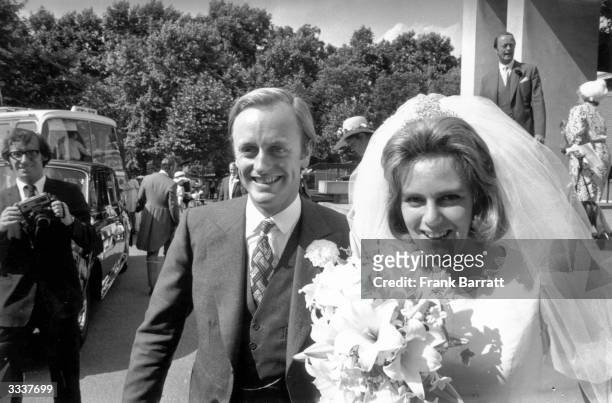 Camilla Shand and Captain Andrew Parker Bowles outside the Guards' Chapel on their wedding day.