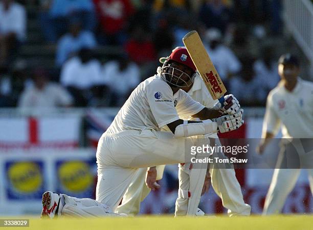 Brian Lara of the West Indies during day one of the 4th Test match between the West Indies and England at the Recreation Ground on April 10 in St...