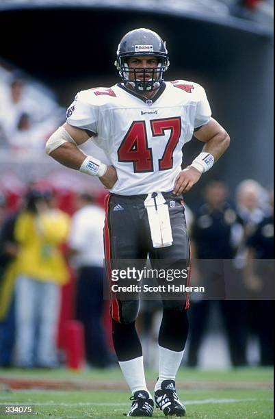 Safety John Lynch of the Tampa Bay Buccaneers looks on during the game against the Chicago Bears at the Raymond James Stadium in Tampa, Florida. The...