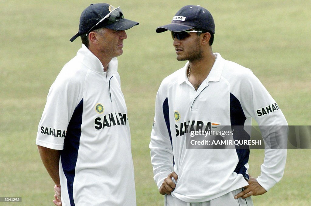 Indian captain Sourav Ganguly (R) talks