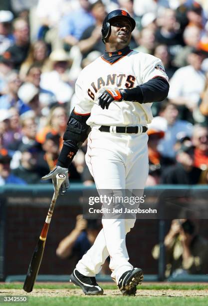 Barry Bonds of the San Francisco Giants hits his 660th career home run, tying Willie Mays for third on the all time career home runs record against...