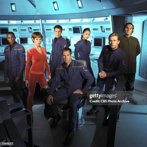 Promotional portrait of the cast of the UPN television series, 'Star Trek: Enterprise,' in costume and on set, 2003. L-R: Anthony Montgomery, Jolene...