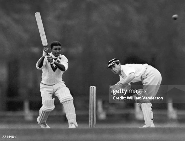 Record breaking batsman Everton Weekes playing for the West Indies against Cambridge Univeristy at Fenners Athletic Ground. The wicket keeper is W H...