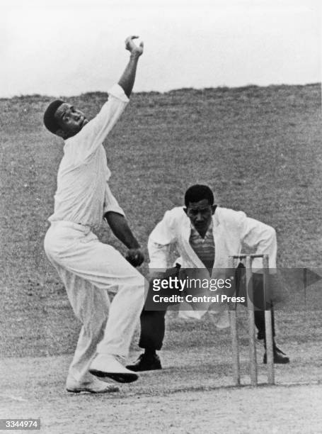 West Indies all round cricketer Garfield Sobers bowling, April 1963.