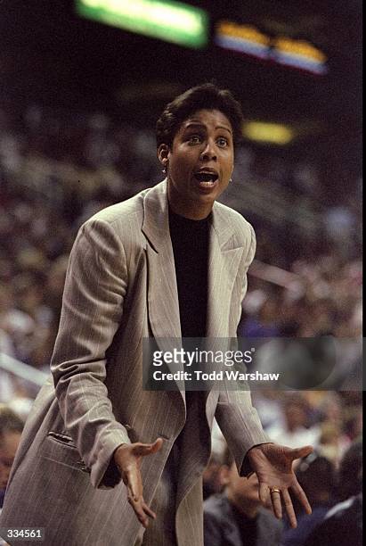 Coach Cheryl Miller of the Phoenix Mercury questions the call during the WNBA Finals Game 1 against the Houston Comets at the America West Arena in...