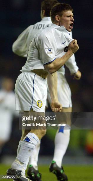 James Milner of Leeds celebrates his goal during the FA Barclaycard Premiership match between Leeds United and Everton at Elland Road on April 13,...