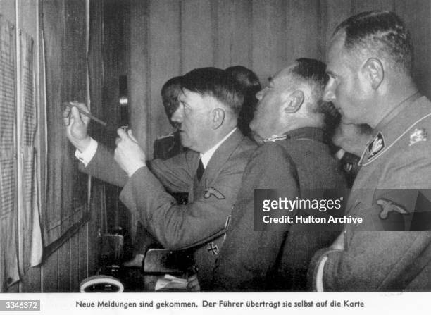 German dictator Adolf Hitler at his Belgian headquarters in Bruly-de-Pesche, Ardennes, planning his campaign during the Second World War.