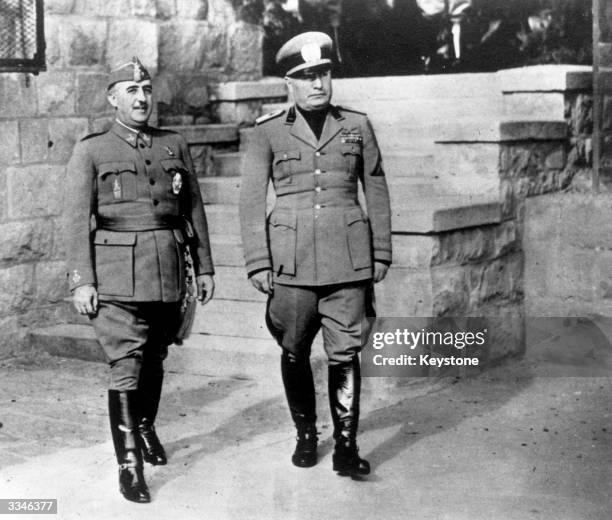 Spanish authoritarian leader Francisco Franco with Italian dictator Benito Mussolini .