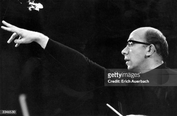 Soviet conductor Gennady Rozhdestvensky conducting the Tchaikovsky Symphony Orchestra of Moscow Radio in rehearsals for their appearance at the...