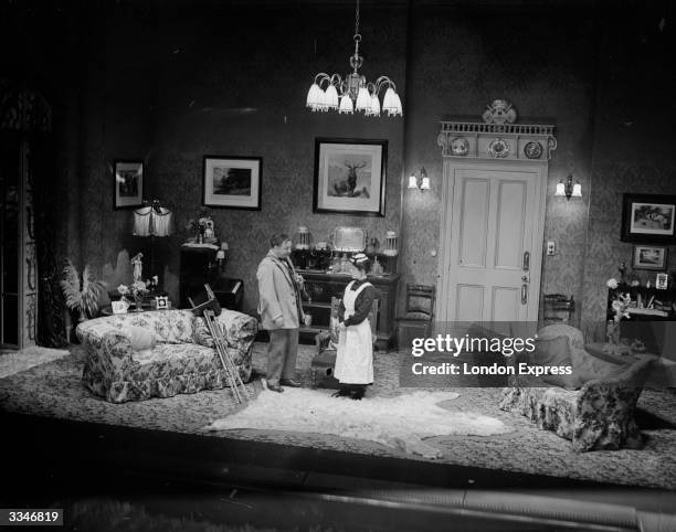 British writer John Boynton Priestley on the stage at St Martins Theatre, London.