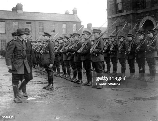 Irish Free State Minister for Defence, General Richard Mulcahy, inspecting Free State soldiers at Dublin Barracks after Partition.