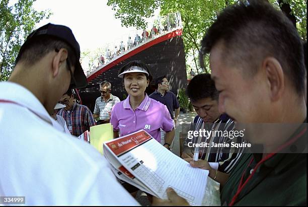 Hiromi Kobayashi of Japan talks to reporters during the Du Maurier Classic at the Essex Golf & Country Club in Lasalle, Ontario, Canada. Mandatory...