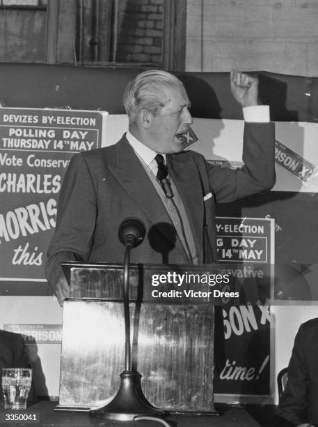 Former British prime minister Harold Macmillan speaks on behalf of conservative candidate Charles Morrison at a by-election in Devizes, Wiltshire....