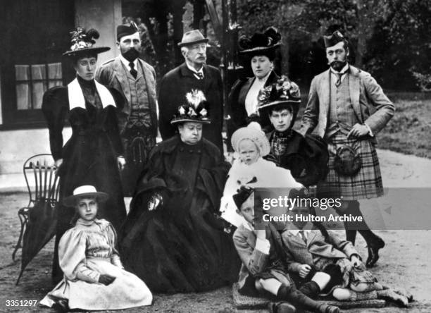 Queen Victoria with her family, Princess Helena Victoria of Schleswig-Holstein, Prince Henry of Battenberg, Count Arthur Mensdorff-Pouilly, Beatrice,...