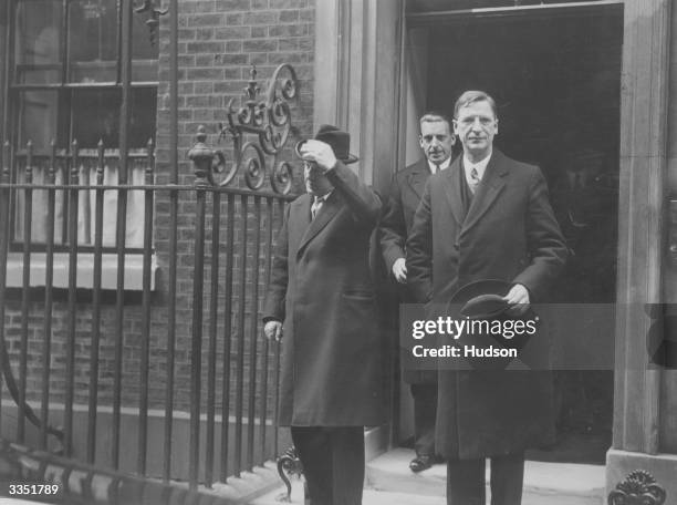 First Taoiseach of Eire Eamon de Valera leaving 10 Downing street, after talks with British government ministers, along with the Irish High...