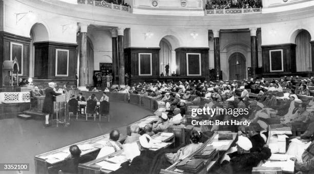 Indian statesman Jawaharlal Nehru moves the resolution for an independent republic in a historic moment at the Constituent Assembly in New Delhi....