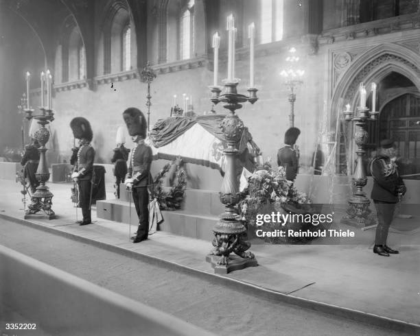 King Edward VII lying in state at Westminster Hall in London.