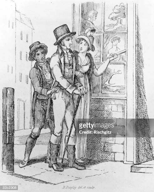 Couple look in a shop window while a pickpocket removes the man's watch. Illustration - Taking Time - R Dagley