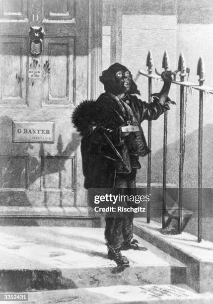 Chimney sweep, his face blackened with soot, leans against railings outside an office. Illustration by the English engraver and printmaker George...