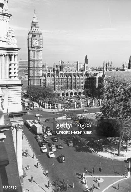 Parliament Square, London, incorporating the Houses of Parliament and the clock tower containing Big Ben.