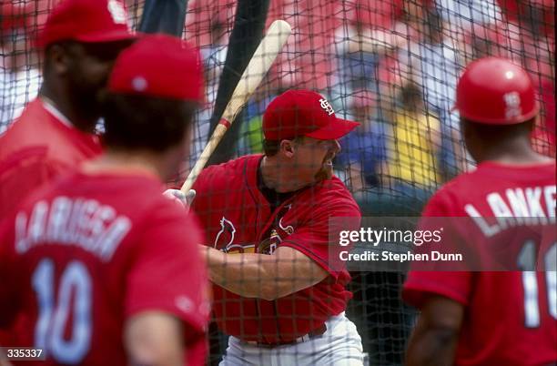 Mark McGwire of the St. Louis Cardinals taking in some batting practice before the game against the Houston Astros at the Busch Stadium in St. Louis,...