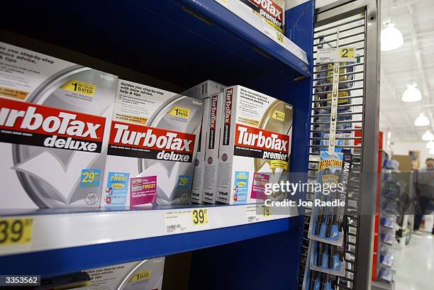 TurboTax software sits on a shelf at Office Depot April 13, 2004 in Plantation, Florida. With only two days to go before the April 15th deadline to...