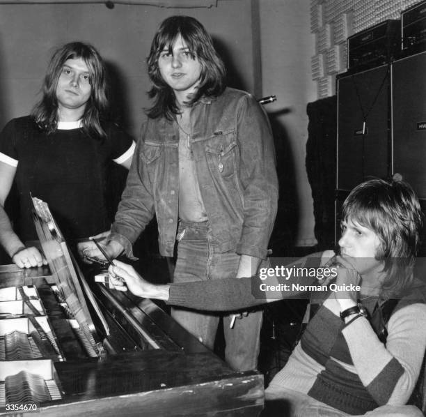 Progressive rock group ELP, or Emerson, Lake and Palmer, in the studio for the recording of their album, 'Trilogy'. From left to right: Carl Palmer ,...