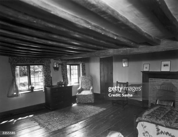 Beamed bedroom in actress Diana Beaumont's house which is built on the Pilgrim's way at Woldingham in Surrey.