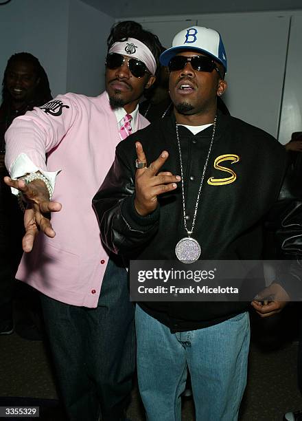 Outkast pose backstage at the 2nd Annual TRL Awards at MTV Times Square Studios April 13, 2004 in New York City. The TRL Awards celebrate the most...