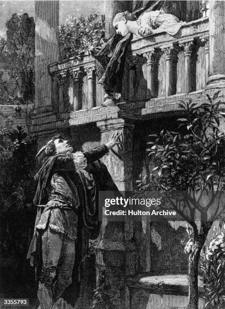 Romeo visiting Juliet on her balcony, in a scene from Shakespeare's 'Romeo And Juliet'. Original Artwork: Drawing by Frank Dicksee for 'Cassell's...