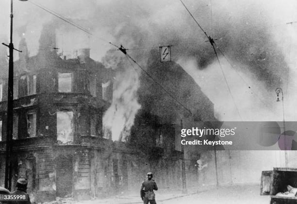 Fire breaks out during the Warsaw Ghetto Uprising, a Polish insurrection against the German forces who had occupied Poland at the start of World War...