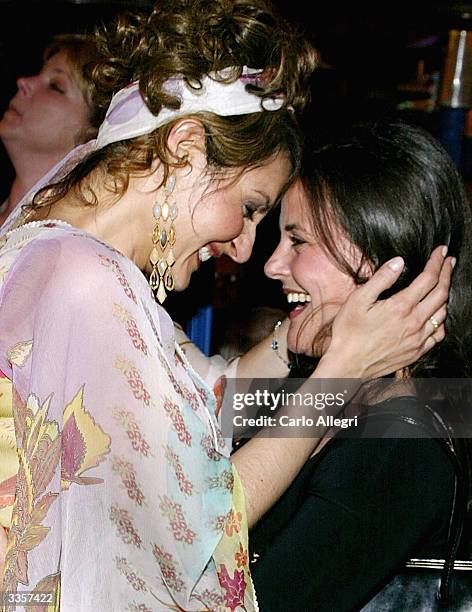 Actress Nia Vardalos and actress Gia Carides at the after party following the world premiere of her movie 'Carla and Connie' at the Hard Rock Cafe...