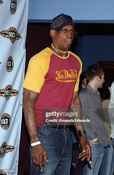 Former Basketball player Dennis Rodman arrives at the 103.1 Celebrates 103 Days in Los Angeles party on April 13, 2004 at Avalon in Hollywood,...