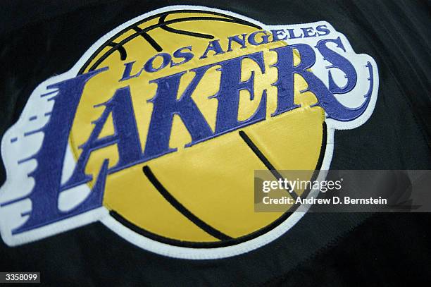 Detailed shot of the Los Angeles Lakers logo taken during the game against the Houston Rockets at Staples Center on April 1, 2004 in Los Angeles,...