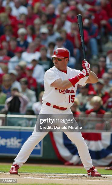 Center fielder Jim Edmonds of the St. Louis Cardinals at bat during the game against the Milwaukee Brewers on Opening Day at Busch Stadium on April...