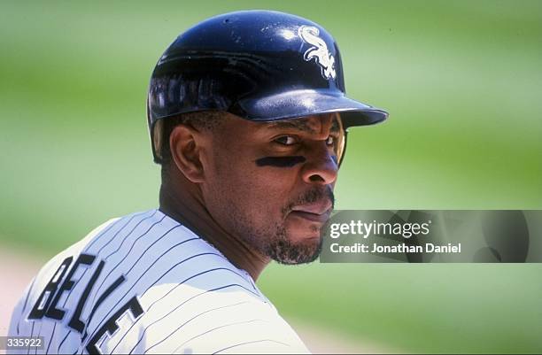 Portrait of Albert Belle of the Chicago White Sox taken as he stands on the field during a game against the Oakland Athletics at Comiskey Park in...