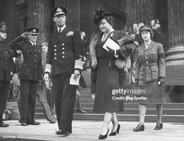 King George VI, Queen Ellizabeth and Princess Elizabeth leaving St Paul's Cathedral, London, after a memorial service in honour of American...