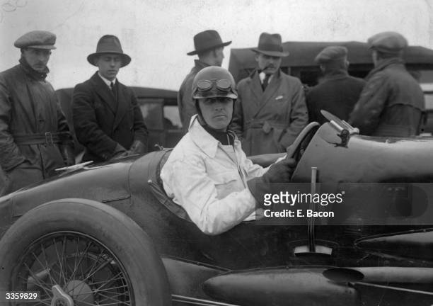 British racing driver Sir Henry Segrave behind the wheel of his Sunbeam at Southport for the Trial on Sands.