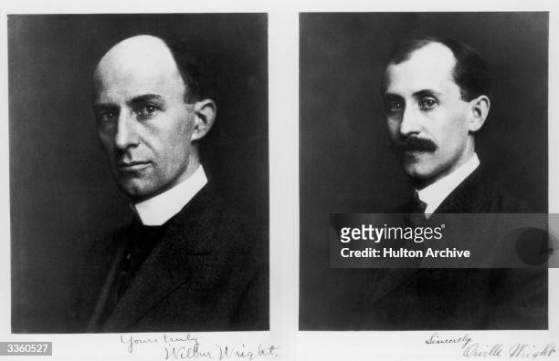 Left, Wilbur Wright and right, Orville Wright , the two brothers who worked closely together in the early development of aeronutics, inventing and...